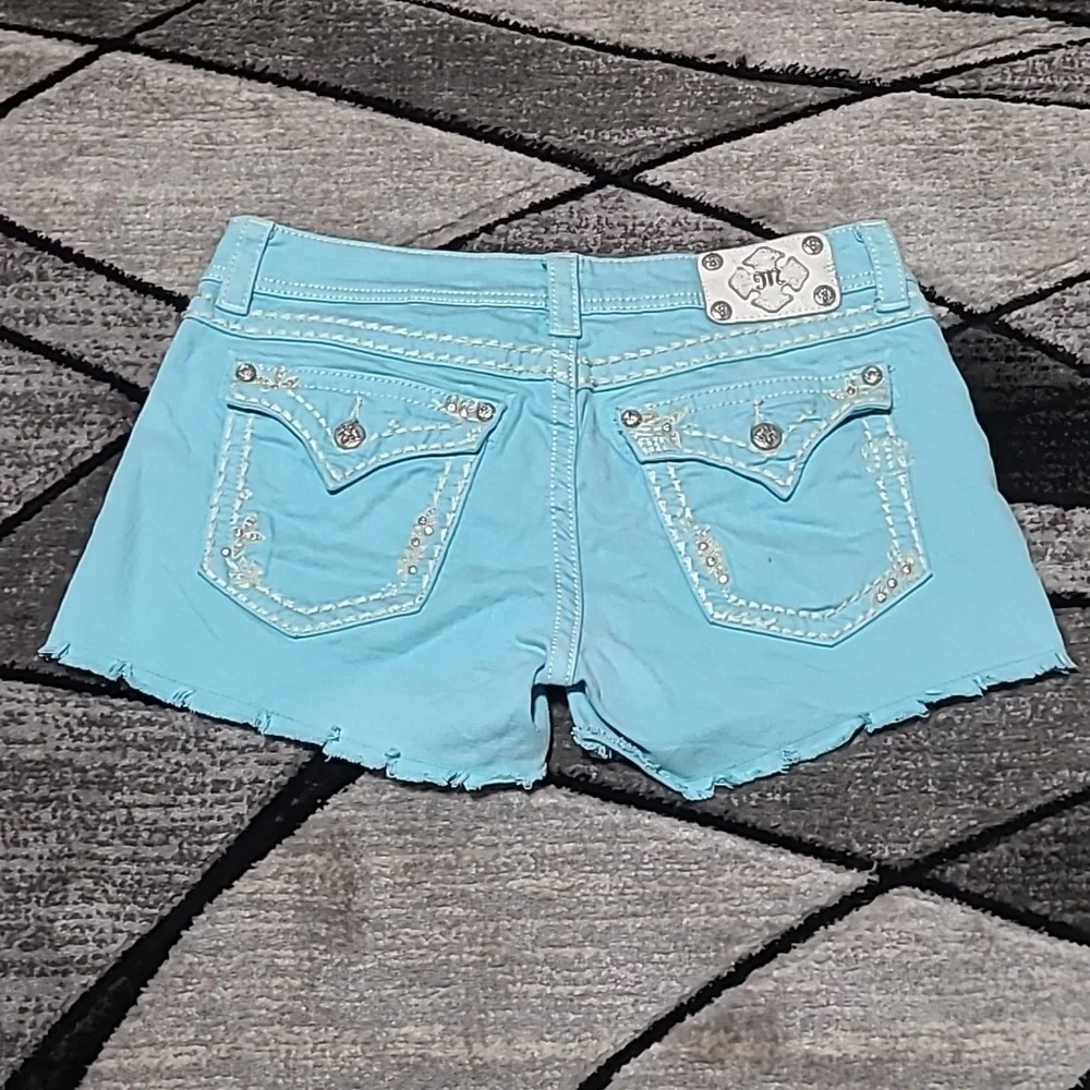 MISS ME AQUA RAW-HEM EMBROIDERED RHINESTONES DENIM JEAN SHORTS PRICE FIRM